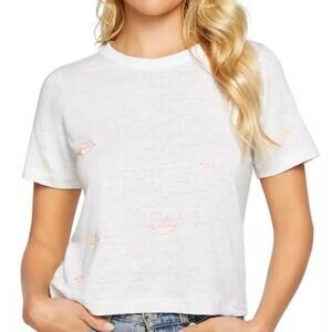 Chaser Embroidered Neon Lip Tee Medium Linen Semi Sheer Novelty Neutral Casual